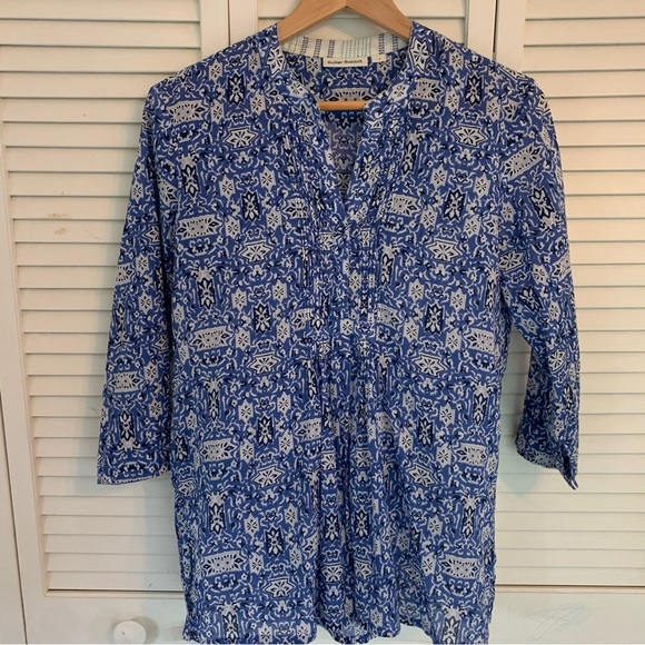 Roller Rabbit Blue White Cotton Tunic Top Small Lightweight Boho Blouse Beach - Picture 1 of 14